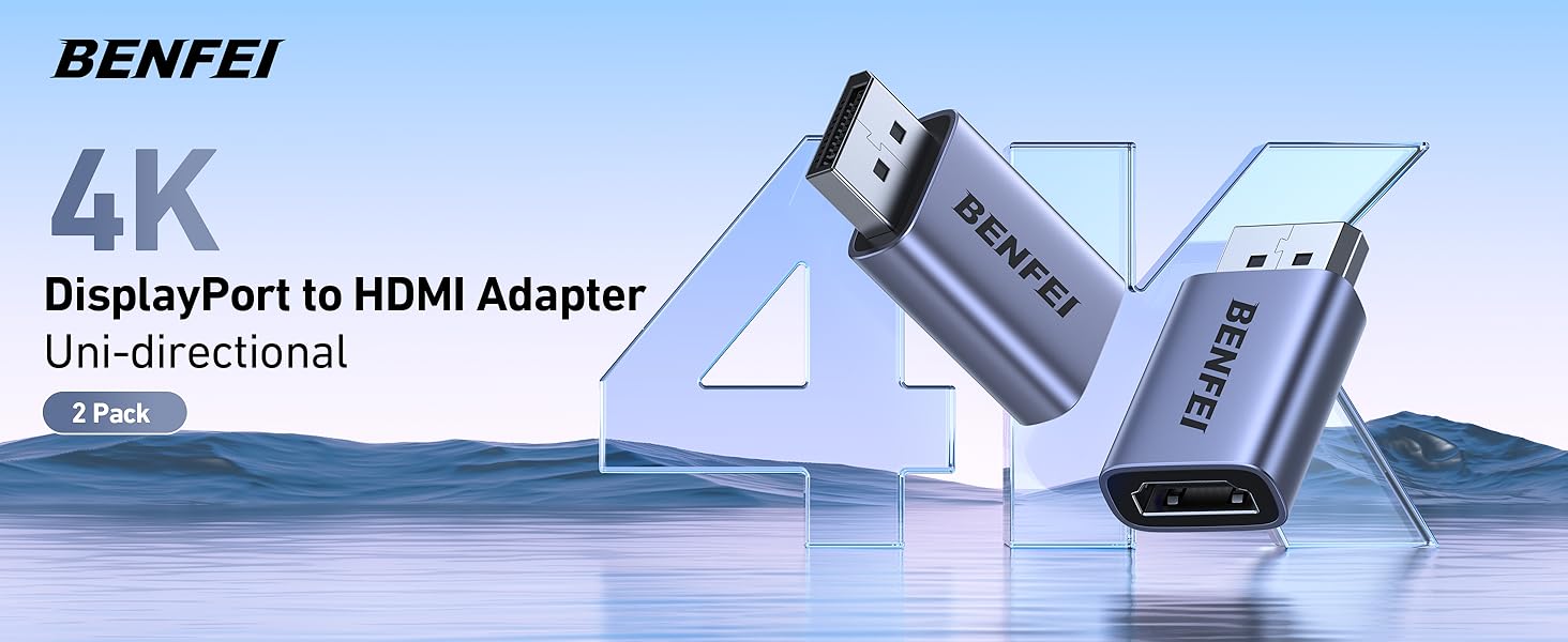 Text reads 'BENFEI' and 'DisplayPort to HDMI Adapter, UNI-directional, 4K'. Product photo shows a black digital display adapter against blue-tinted background with technical interface icons.