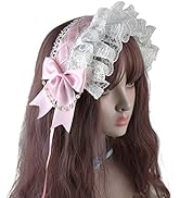 Yjcnelcr Cosplay Hair Accessories,Maid Headband with Bowknot,Lace Pearl Hairband Ruffled Lace Hea...