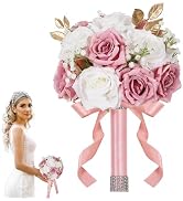 Qeedy Wedding Bouquets for Bride - Realistic Silk Flowers Artificial Roses, 9 Inch Bridesmaid Bou...