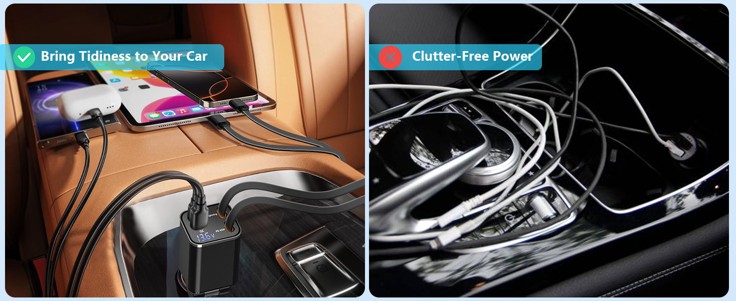 MFi Certified 4 in 1 Retractable Car Charger 120W USB C Car Charger Cigarette Lighter Adapter