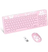 Mytrix Sakura Wireless Keyboard and Mouse Combo, Cute Pink Retro Typewriter Round Keys, 2.4G USB ...