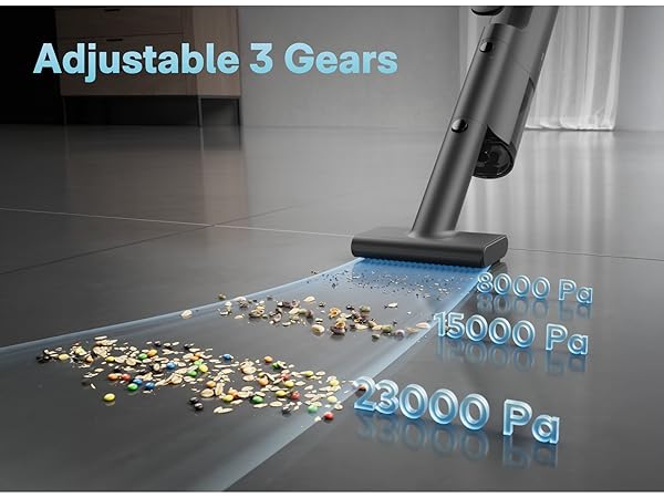 Three gears (23k / 15k / 8k Pa) with 10 / 20 / 45 min runtime for different cleaning tasks.