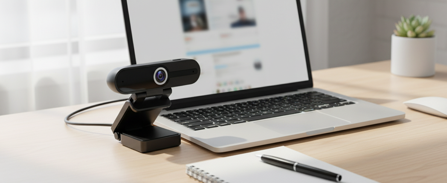 W8A Webcam and laptop on a light wooden desk, with a notebook, pen, and potted plant.
