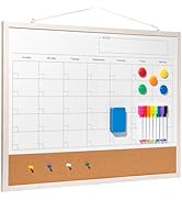Dry Erase Calendar Whiteboard, 24" x 18" Magnetic Whiteboard Cork Board Combo, Reusable Monthly P...