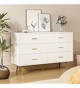 White Dresser for Bedroom, 6 Drawer Wood Dresser with Golden Handles, Modern Dressers &amp; Chests of...