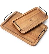 Wood Serving Tray with Black Metal Handles Set of 2, Decorative Serving Trays Platter Great for O...