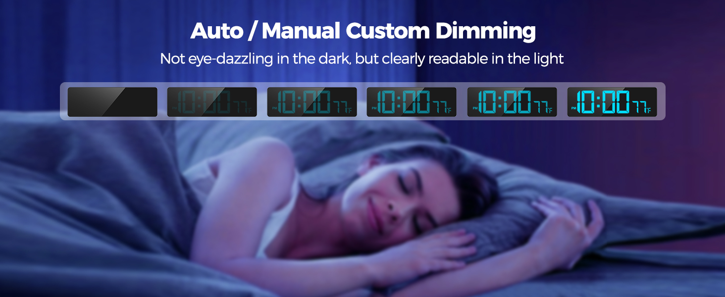 Auto/Manual Custom Dimming. The digital wall clock has a 4-level adjustable brightness display.