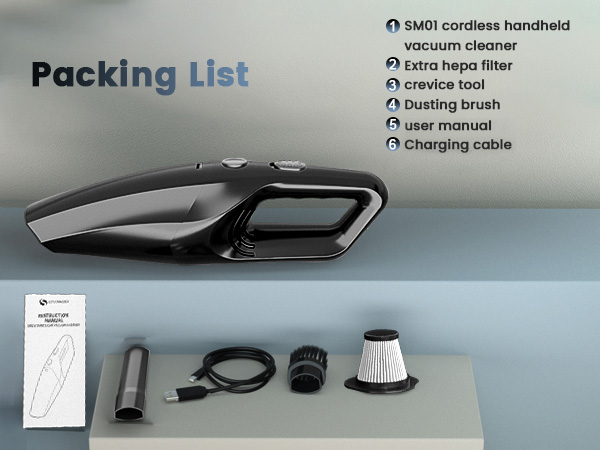 Text reads 'Packing List' with icons for 'shell cordless handheld', 'vacuum cleaner', 'crevice tool', 'dusting brush', 'user manual', 'charging cable'. Shows product components.