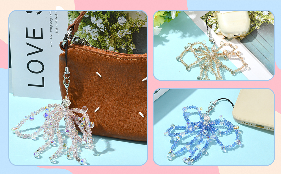 Glass Beads Bowknot Phone Charm Y2K Cellphone Charm Strap for Women Bags Keychain Camera
