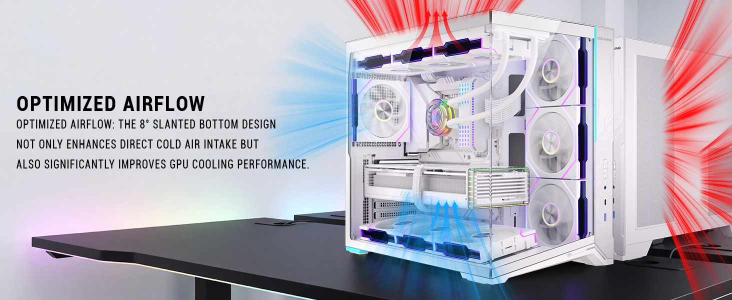 ESGAMING ATX Mid Tower PC Case 360MM RAD Support, 8° Slanted Base, 270° Full View Tempered Glass Gam...
