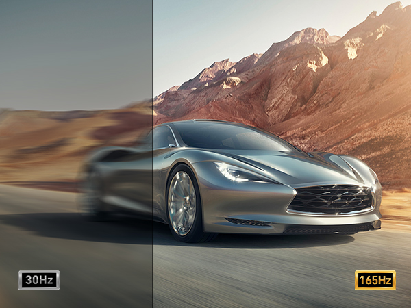 Silver sports car photographed against mountainous backdrop at sunset, showing split screen comparison between 30Hz and 165Hz refresh rates.