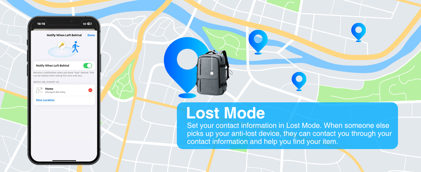 Text reads 'Image 2', 'Lost Mode'. Smartphone interface showing map navigation screen with blue route markers and location tracking functionality.