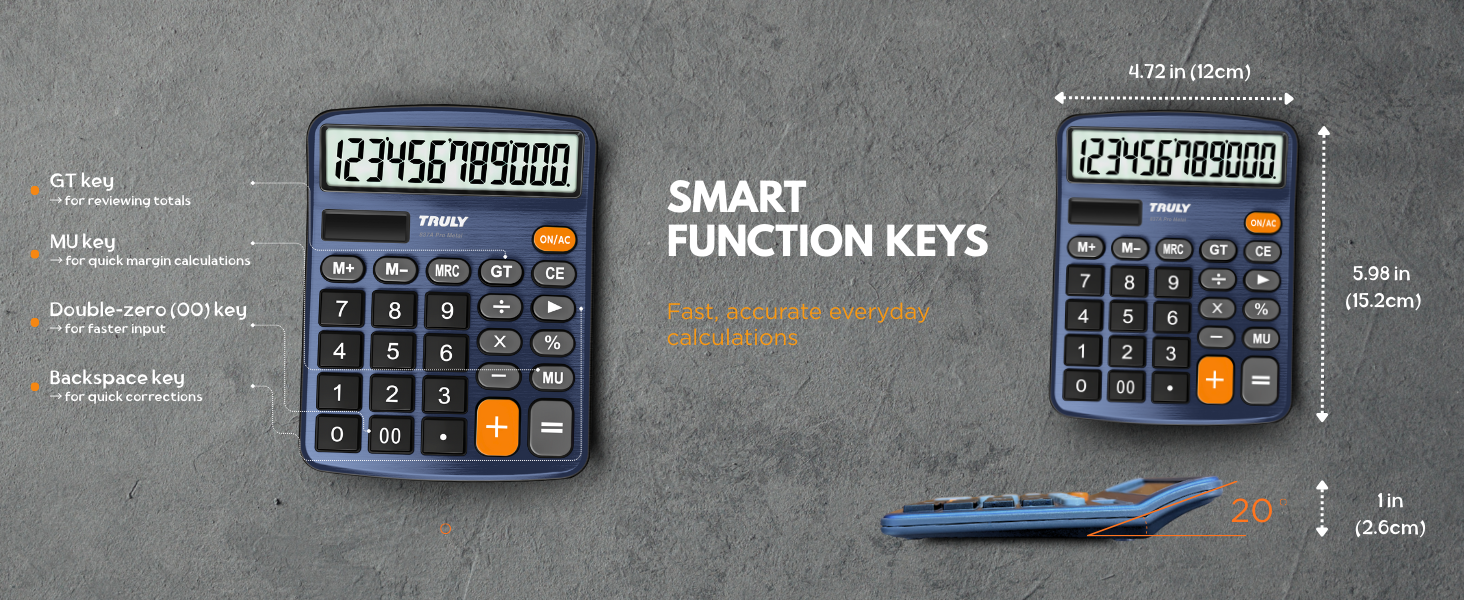Dark blue calculator with GT MU keys, double zero, backspace, fast and accurate calculations