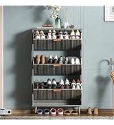 QIVOMIX Shoe Cabinet Storage,Modern Freestanding Organizer with 3 Flip Drawers,Narrow Shoe Rack C...