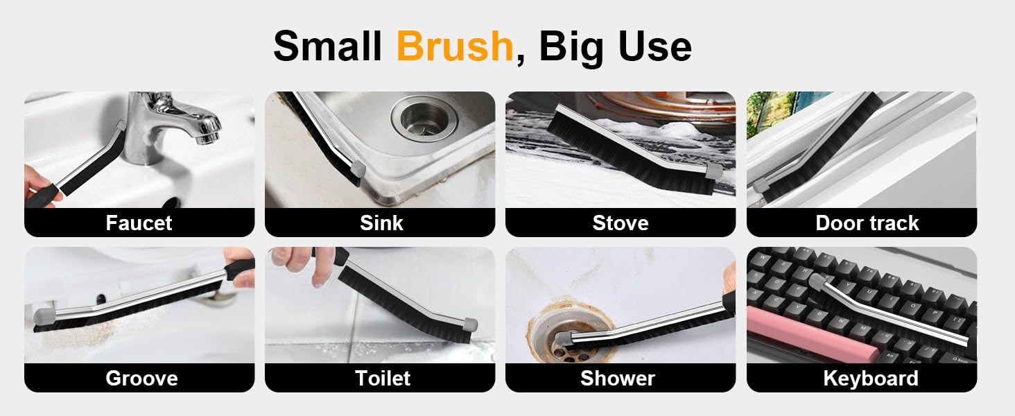 Text reads 'Small Brush, Big Use'. Product demonstration images showing cleaning brush being used on various surfaces including sink, stove, and other household areas.