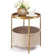 danpinera Round Side Table with Fabric Storage Basket, Pack of 2, Metal Side Table Small Bedside ...