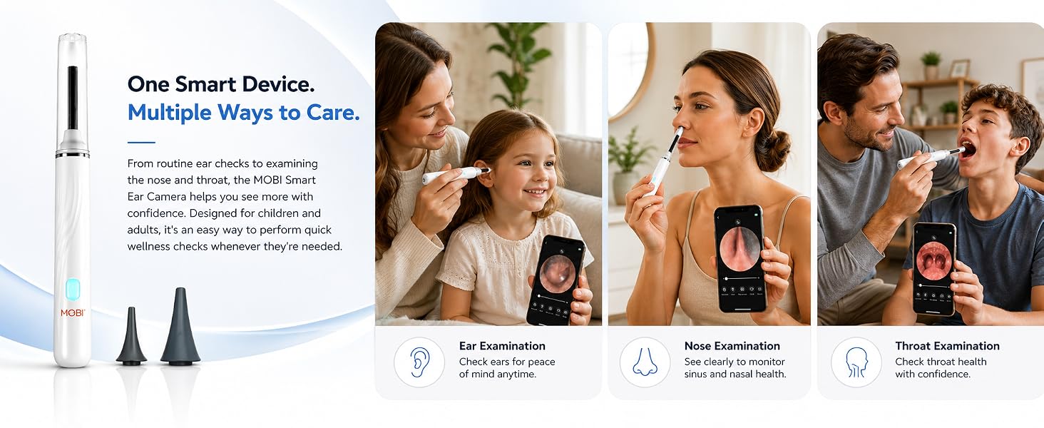 MOBI Smart Ear Camera shown with ear, nose, and throat examinations for children and adults.