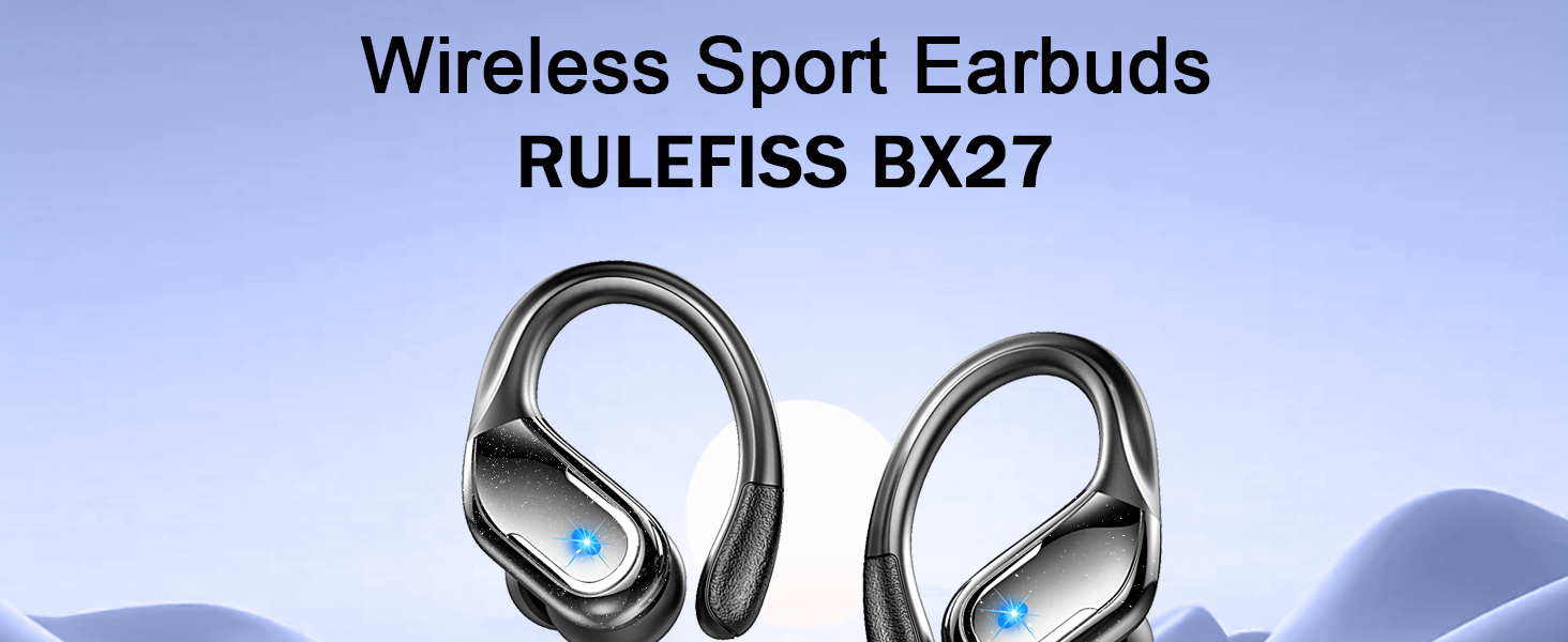 Black wireless sport earbuds with over-ear hooks and blue accents. Product name 'RULEFISS BX27' visible. Designed for athletic use.