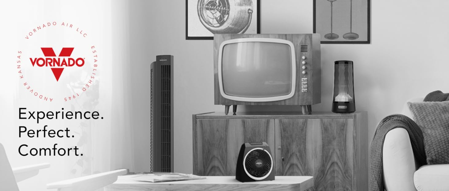 Vornado Products On TV stand and next to a couch in a living room