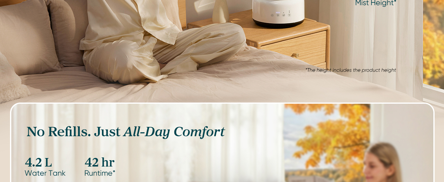 4.2L Large Tank: 42-hour runtime delivers all-day comfort