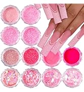 Pink Nail Glitter Powder, 12pcs Nail Art Sequins Dust Set, Holographic Paillette Sparkle Flakes f...