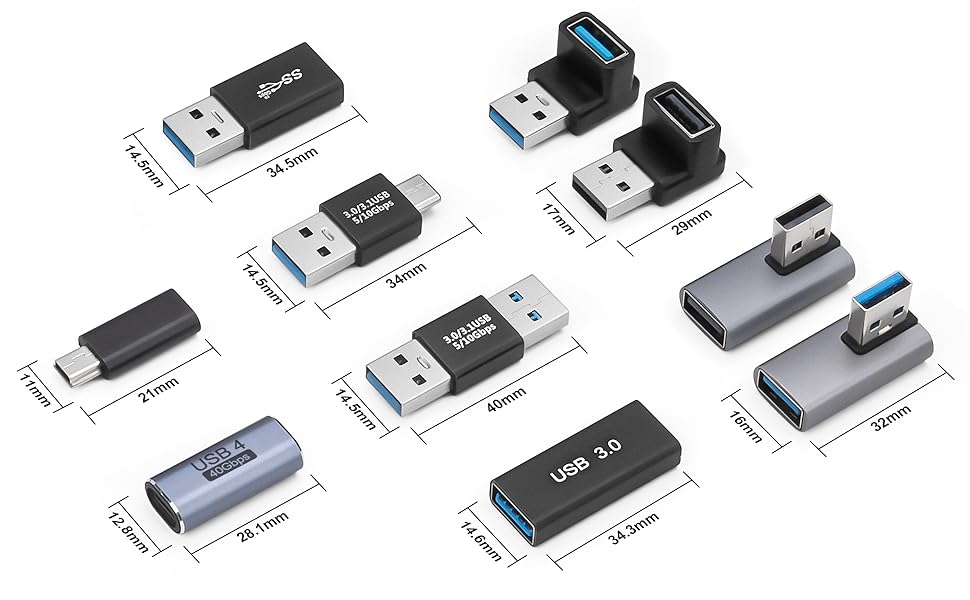 Various USB adapters and connectors displayed with dimensions. Includes USB-A, USB-C, and micro-USB types in different orientations and sizes.