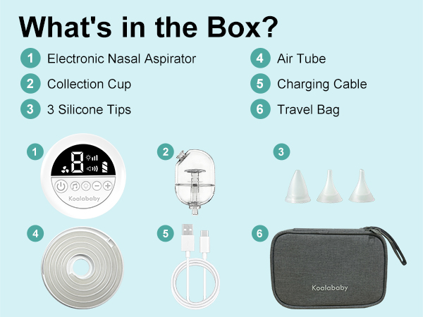 Electric nasal aspirator kit with silicone tips tube charging cable and travel bag