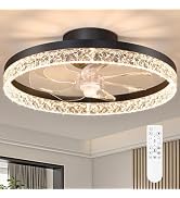 FOLKSMATE Ceiling Fan with Light and Remote, Low Profile Flush Mount Crystal Fandelier, Modern 6 ...