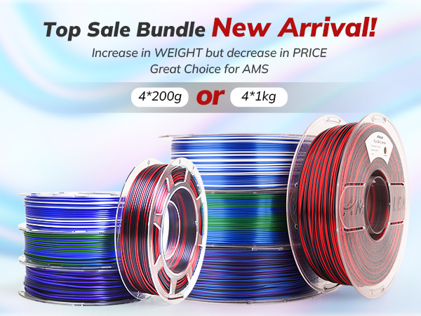 Silk PLA 3D Printer Filament Bundle, Shiny Multicolor Rainbow PLA Filament 1.75mm Fast Color Change 