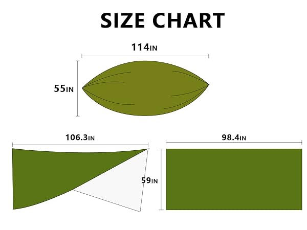 Text reads 'SIZE CHART'. Technical diagram showing green leaf-shaped measurements with dimensions marked as 114in, 106.3in, 98.4in, 59in, and 55in.