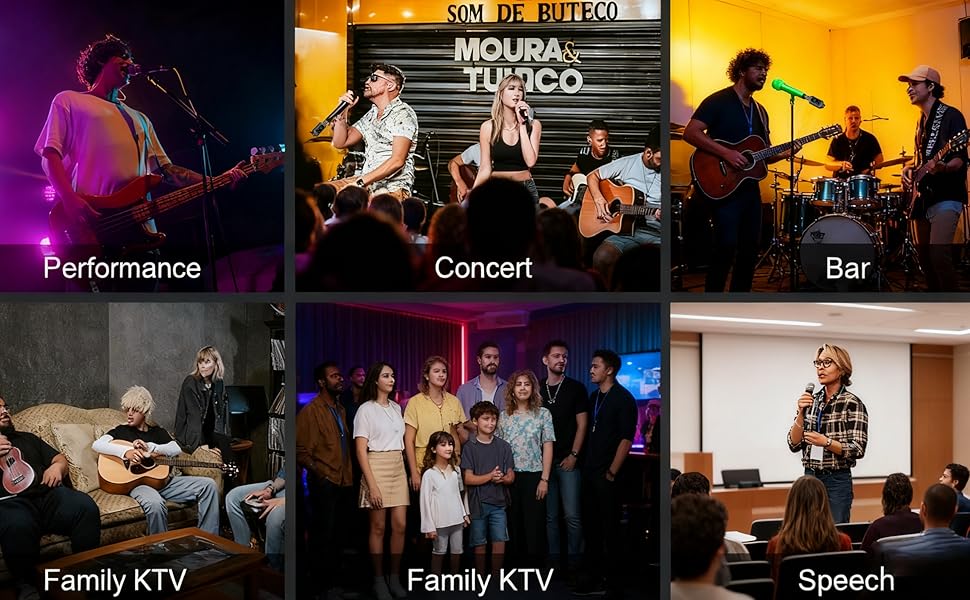 Text reads 'Performance', 'Concert', 'Bar', 'Family KTV', 'Speech'. Grid of photos showing various music and performance venues with different lighting and stage setups.