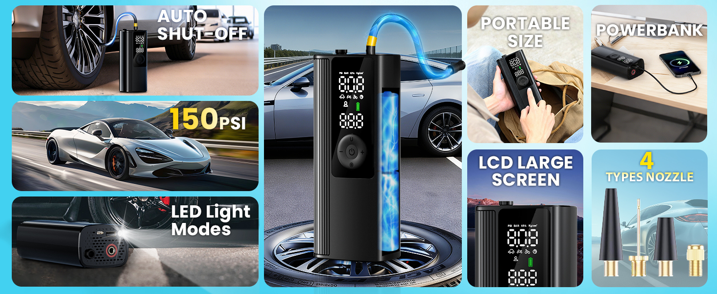 tire inflator for car tires, bycicle, balls, portable air compressor