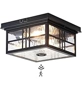 CALOKES Industrial Motion Sensor Outdoor Flush Mount Ceiling Light, Water Ripple Glass Square Bla...