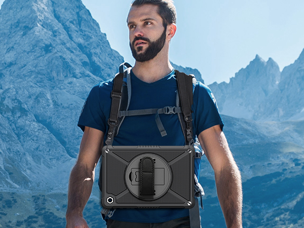 Multiple outdoor adventure scenes showing backpack with distinctive circular design element against mountain backdrop.