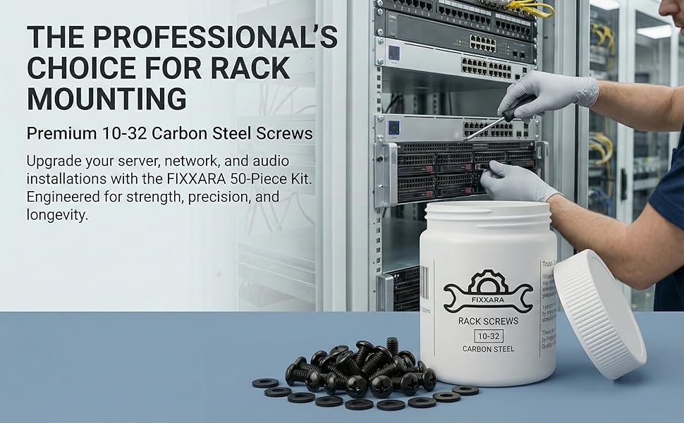 FIXXARA 50 Piece 10-32 Rack Screws Kit for Server Racks and Audio Equipment in Storage Jar