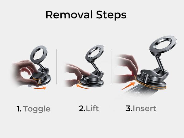Text reads 'Removal Steps' with three instructional photos labeled '1. Toggle' '2. Lift' '3. Insert' showing hand movements for component removal or installation process.