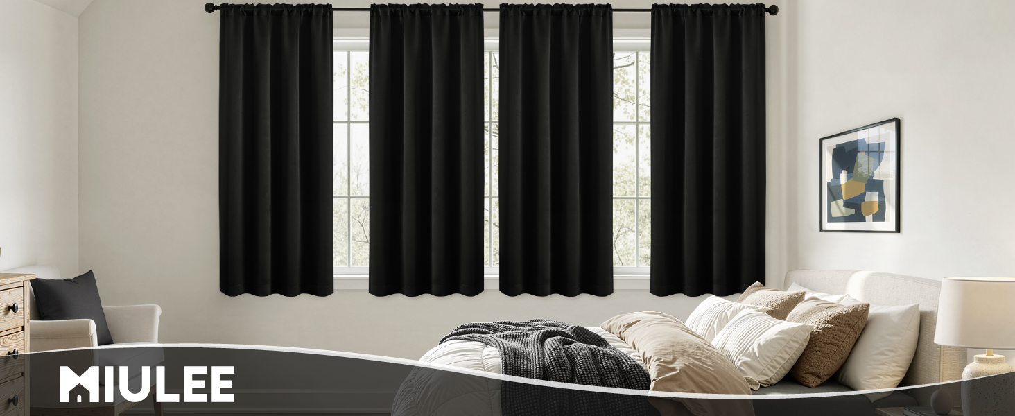 MIULEE 4 Panel Set Black Blackout Curtains Rod Pocket Room Darkening Window Curtains Bedroom