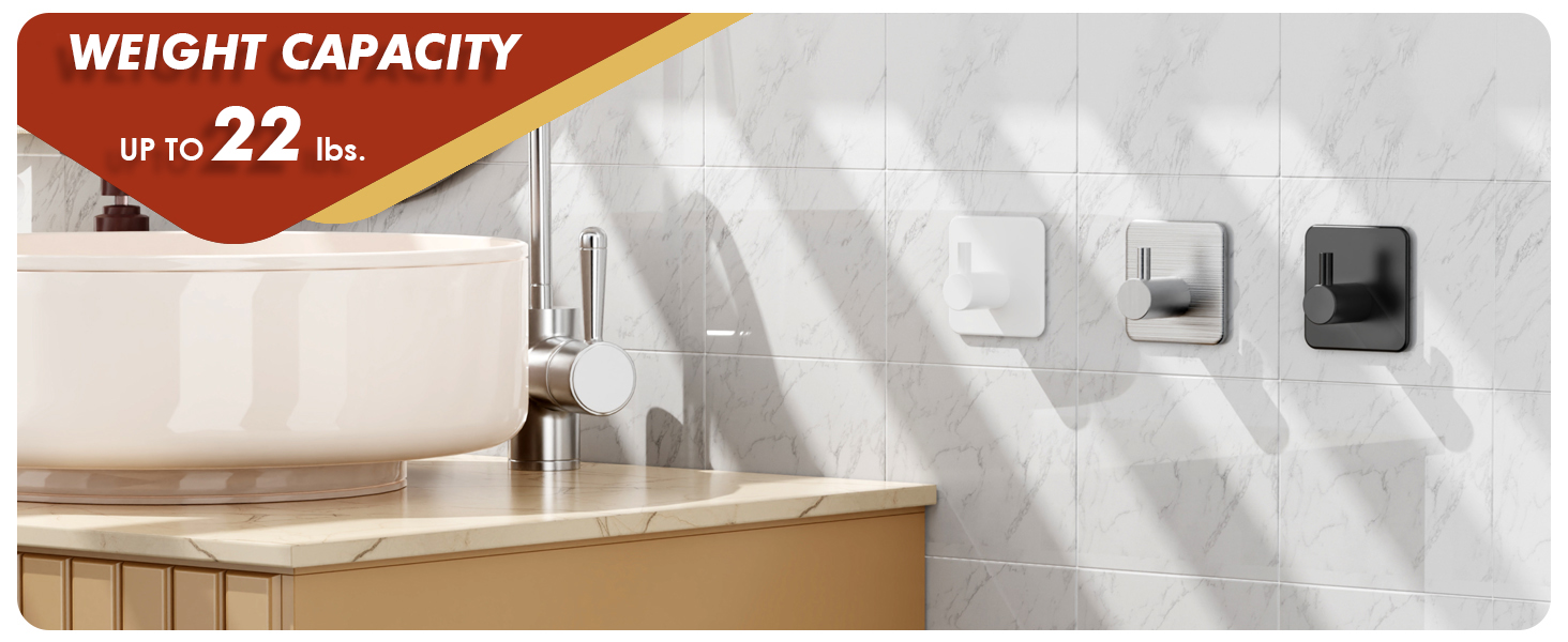 Heavy-duty adhesive hooks hold up to 22 lbs, available in black, silver, and white