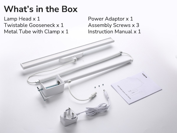 Text reads 'What's in the Box' followed by product contents listing: Lamp Head x 1, Power Adaptor x 1, Twistable Gooseneck x 1, Metal Tube with Clamp x 1, Assembly Screws x 3, Instruction Manual x 1
