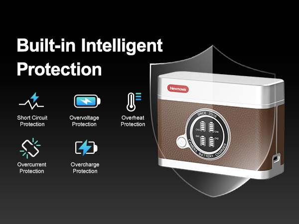 Text reads: 'Built-in Intelligent Protection' with icons showing features: Power Monitoring, Temperature Control, Overload Protection, Short Circuit, Electric Leakage.