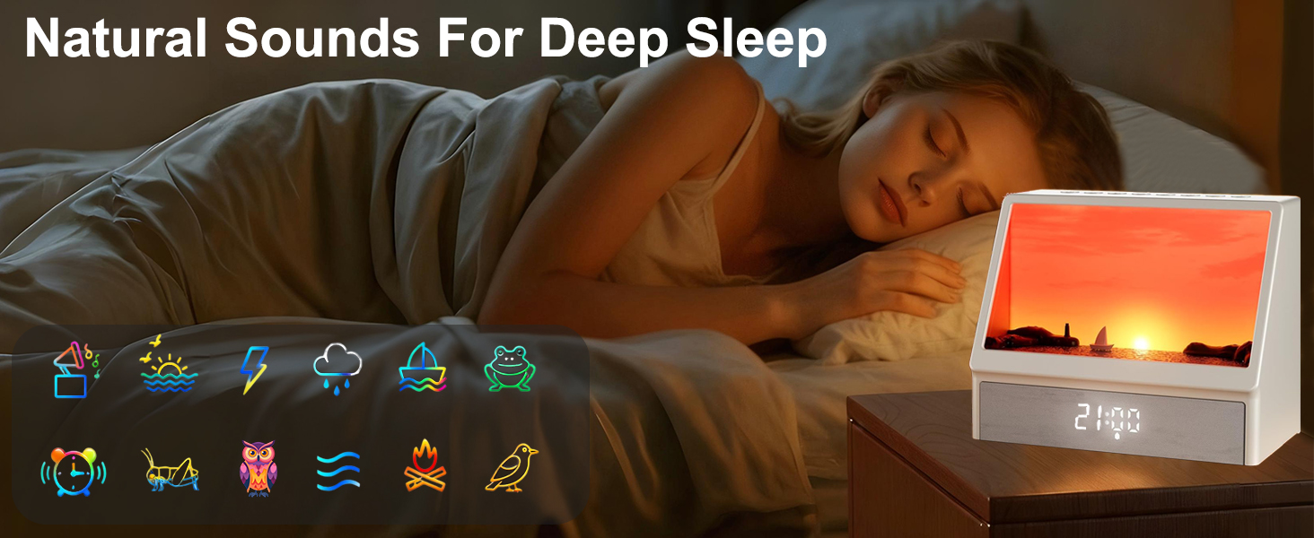 Text reads 'Natural Sounds For Deep Sleep'. White electronic device with rounded design shown in dark bedroom setting with ambient lighting effects.