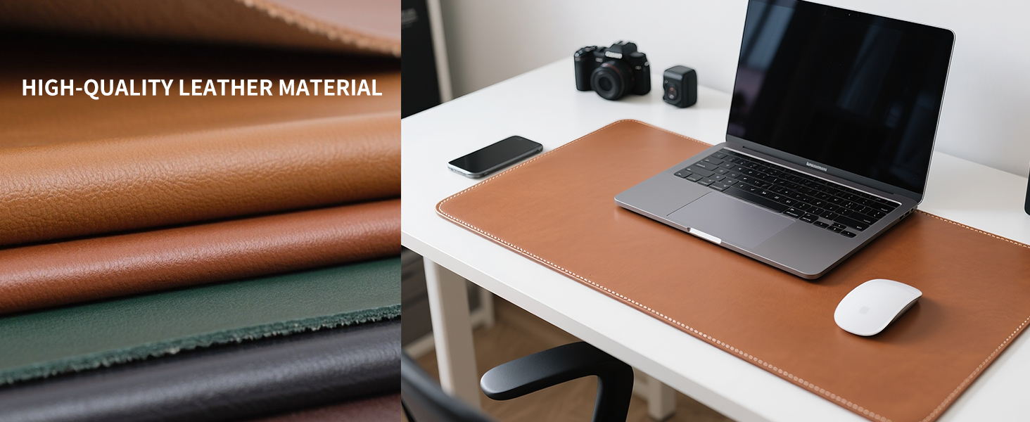 brown leather desk pad on the desk, computer pad on the desk