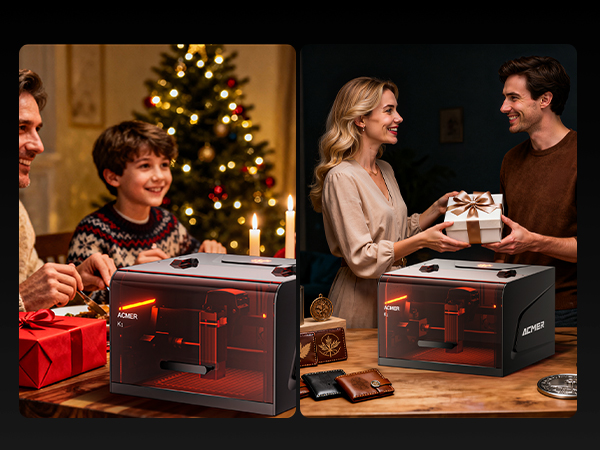 Multiple shots of illuminated red gift boxes being opened in warm lighting settings with Christmas tree lights visible in background.
