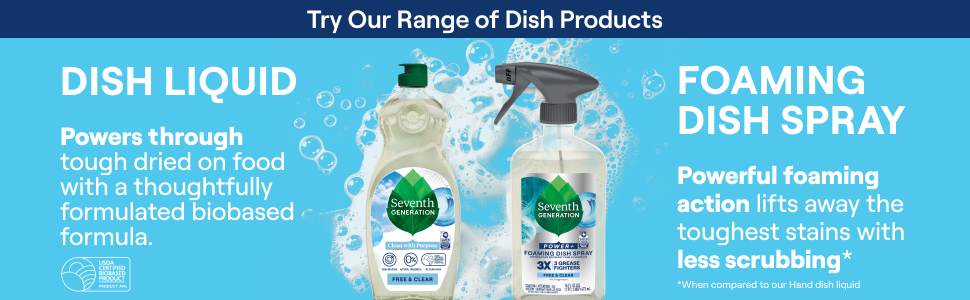 Try our range of dish products. Image shows dish liquid and foaming dish spray on blue background.