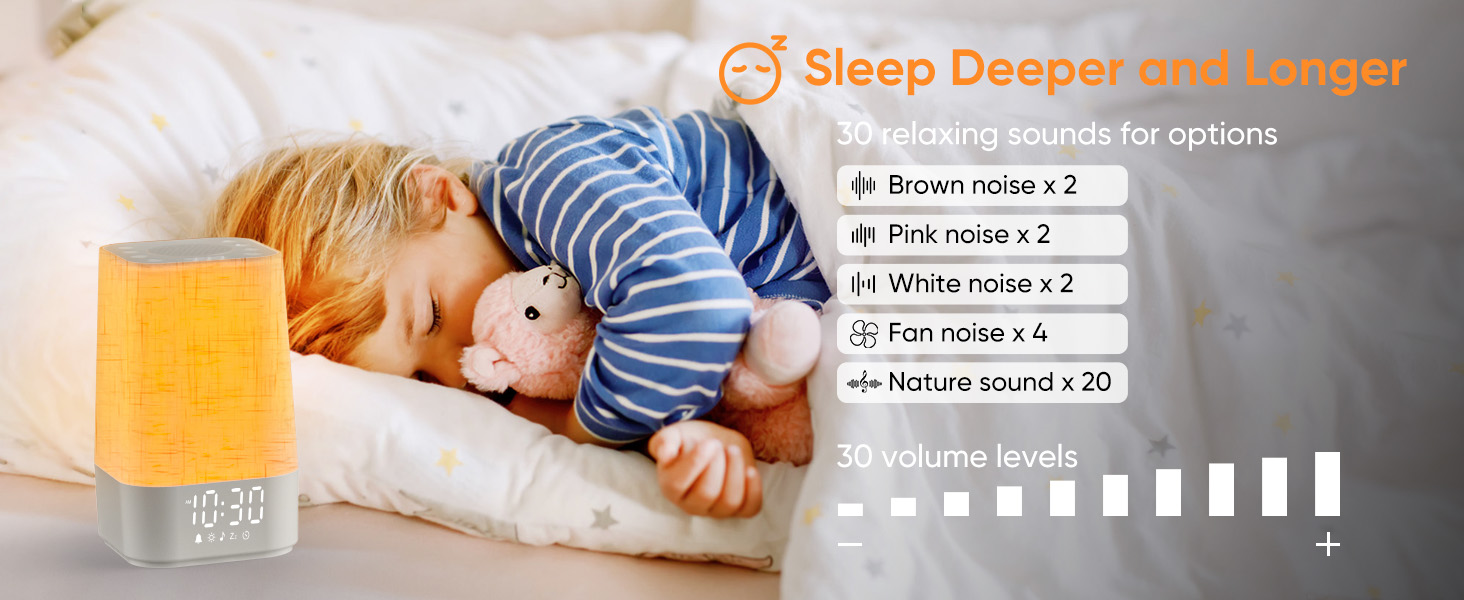 sound machine with night light, 30 soothing sounds and 30 level adjustable sound volume