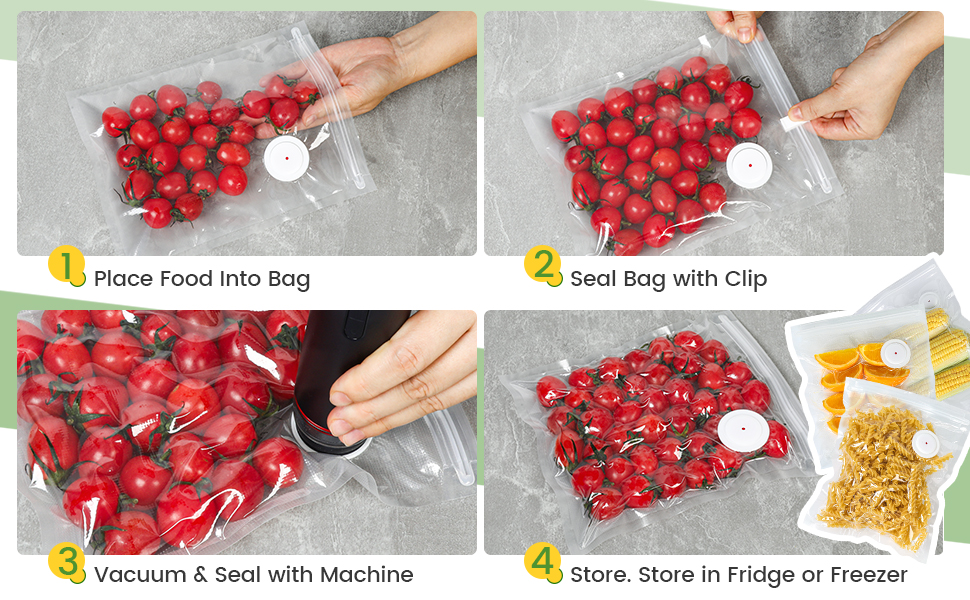 Guide to using the sealer: Place food, clip bag, vacuum seal, then store in fridge or freezer.