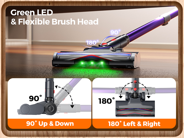 LED headlamp with 180° swivel and 90° flex brush reaches every corner and under furniture