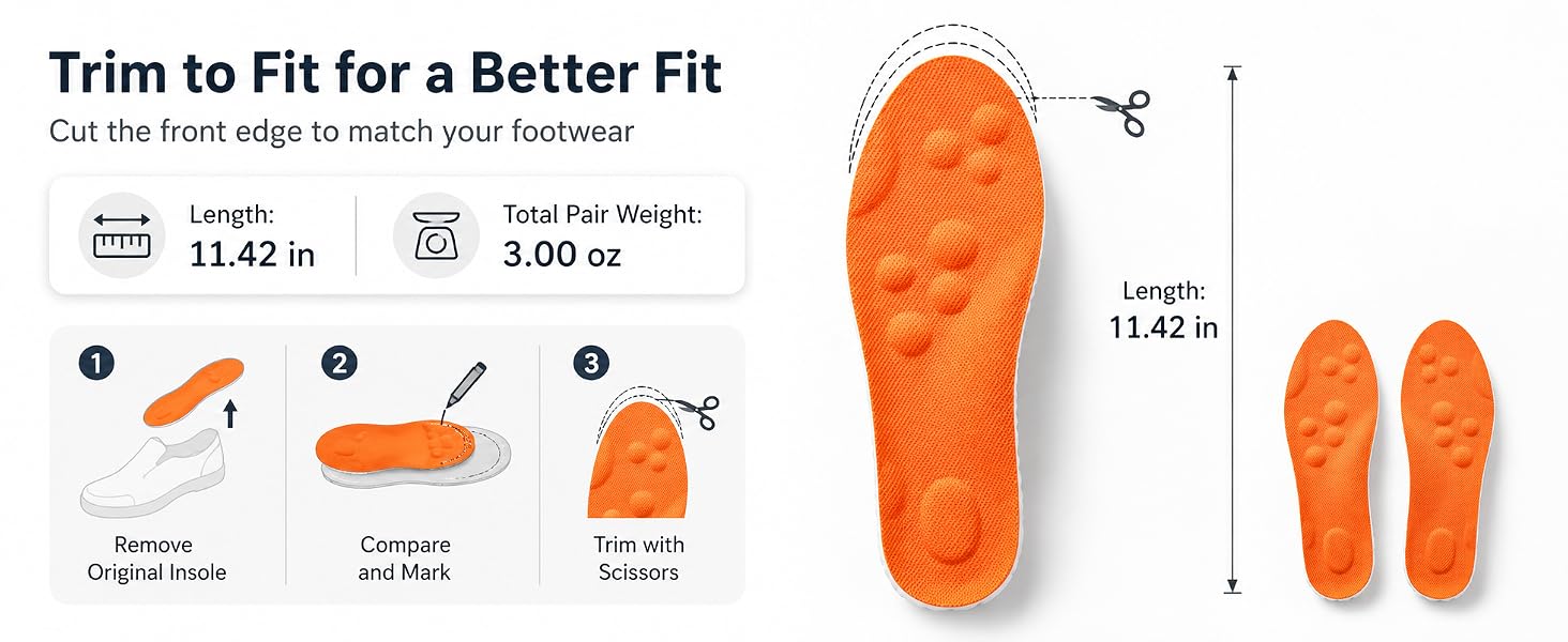 Trim-to-fit orange PU insoles with 11.42 in length and cutting guide