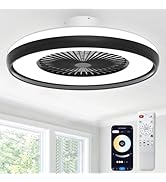 Bladeless Ceiling Fan with Light, 24'' Flush Mount Low Profile Ceiling Fans with Remote &amp; APP Con...