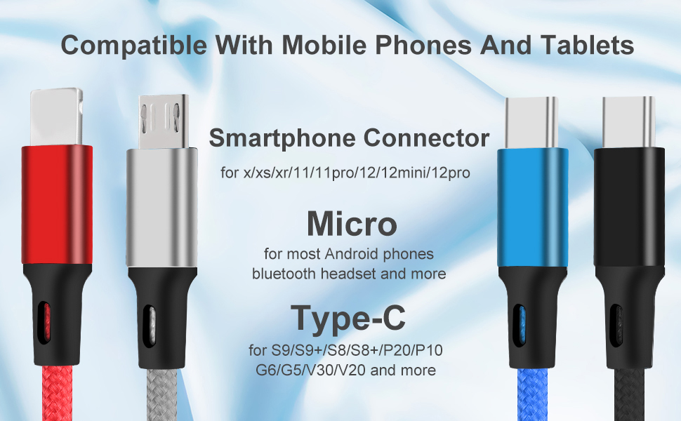 Assortment of charging cables with different connectors: red smartphone connector, silver micro USB, blue and black Type-C. Compatible with mobile phones and tablets.